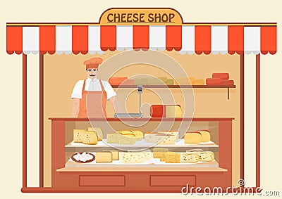 Butcher Shop. Meat Seller. Store shelves with different kind of Cheese set. Vector Illustration