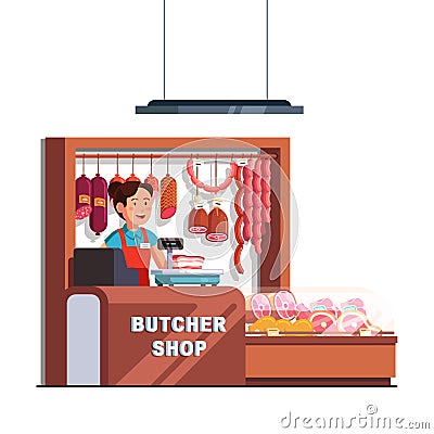 Butcher shop owner woman at checkout counter Vector Illustration