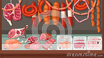Butcher shop showcase. Fresh farm products, market shelves, different varieties meat, gastronomic store, sausages and Vector Illustration