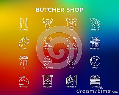 Butcher shop thin line icons set: meat steak, beef, pork, mutton, BBQ, chicken, burger, cutting board, meat knives. Modern vector Vector Illustration