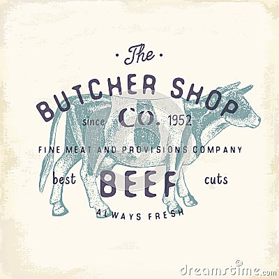 Butcher Shop vintage emblem beef meat products, butchery Logo template retro style. Vintage Design for Logotype, Label, Badge and Vector Illustration