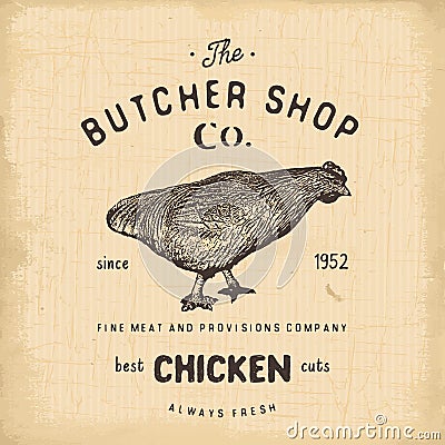 Butcher Shop vintage emblem, chiken meat products, butchery Logo template retro style. Vintage Design for Logotype, Label, Badge Vector Illustration