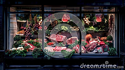 Butcher shop window display with various cuts of fresh meat. The image is styled to showcase a wide array of meat Stock Photo
