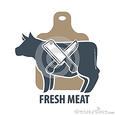 Butcher template logotype sign with cow and two crossed meat knives Vector Illustration