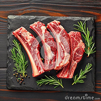 Butchers delight Raw lamb ribs on bone, top view Stock Photo