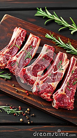 Butchers delight Raw lamb ribs on bone, top view Stock Photo