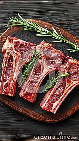 Butchers delight Raw lamb ribs on bone, top view Stock Photo