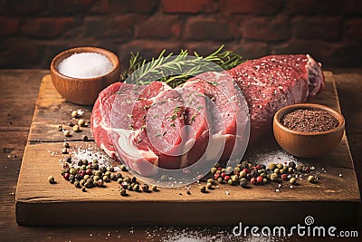 Butchers delight Raw rib eye steak showcased with salt, pepper, herbs Stock Photo