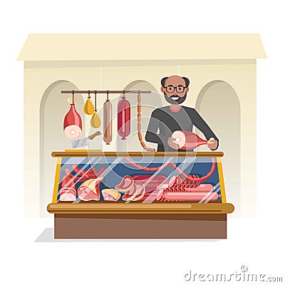 Butchers shop with fresh meat and friendly seller Vector Illustration