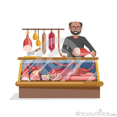 Butchers shop with fresh meat and friendly seller. Vector Illustration
