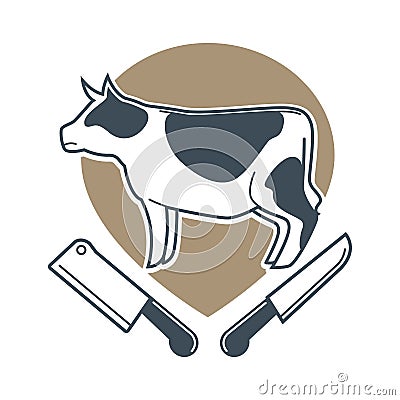 Butchery logotype sign with cow and two meat knives Vector Illustration