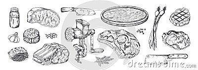 Butchery products sketch. Realistic hand drawn meat steak. Household cooking tools. Cutting board or knifes and grinder Vector Illustration