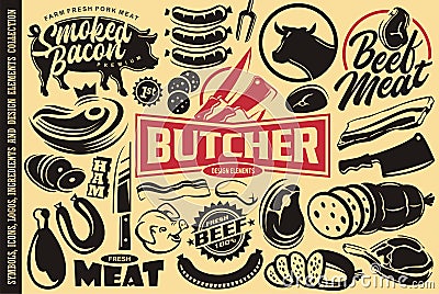 Butchery shop collection of signs and symbols Vector Illustration