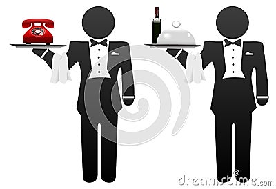 Butler servant room service food phone on tray Vector Illustration