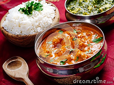 Butter chicken and Saag Paneer Indian dinner Stock Photo