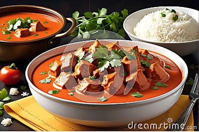 Butter chicken submerged in rich creamy tomato sauce, garnished with fresh coriander leaves and a dash of elegance Stock Photo