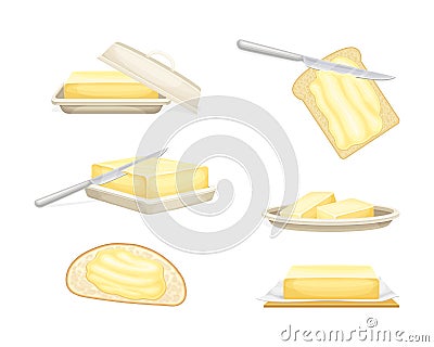 Butter Chunk with Knife Spreading It on Slice of Bread Vector Set Vector Illustration