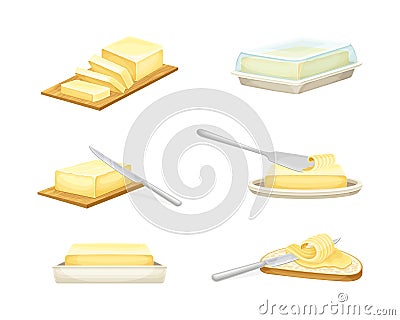 Butter Chunk with Knife Spreading It on Slice of Bread Vector Set Vector Illustration