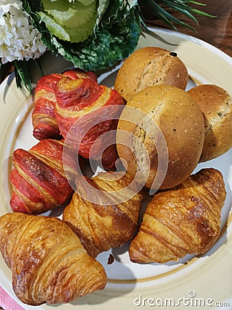 Butter Croissant , Raspberry Croissant and Focaccia Stock Photo