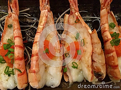 Butter and Garlic Prawns With green onion and Stock Photo