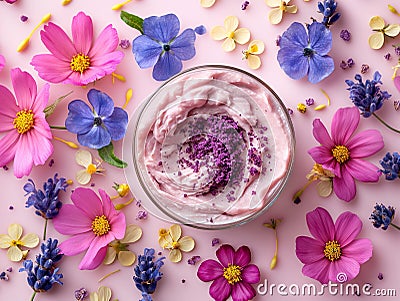 butter karite flowers and plants on pink background, natural cosmetics concept Stock Photo