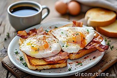 buttered grilled toasts with fried eggs and crispy bacon on a breakfast plate Stock Photo