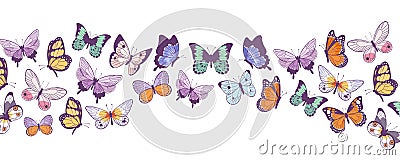 Butterflies banner flying beautiful spring and summer insects vector cartoon illustration. Vector Illustration