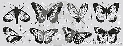 Butterflies of black wings in the style of grunge stamp and organic shapes. Y2k aesthetic, tattoo silhouette, hand drawn Vector Illustration