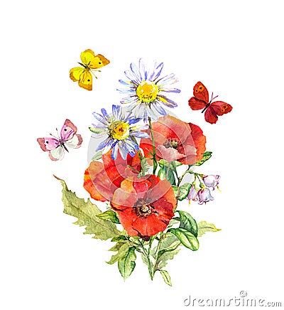 Butterflies at bouquet with flowers. Floral summer composition - poppies, chamomile flower. Watercolor Stock Photo