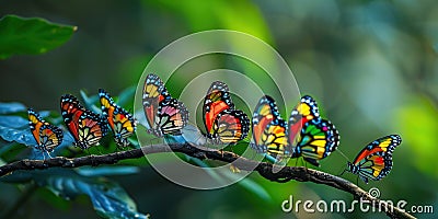 Butterflies clustering on a branch during migration , concept of Insect migration Stock Photo