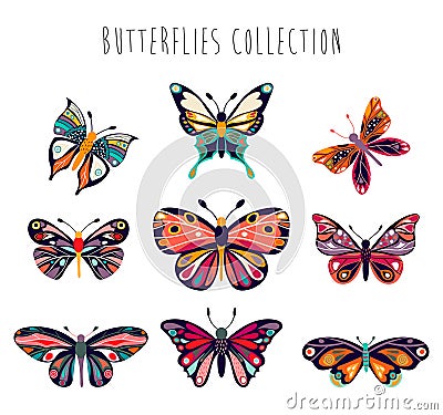 Butterflies collection with hand drawn elements isolated on white Vector Illustration