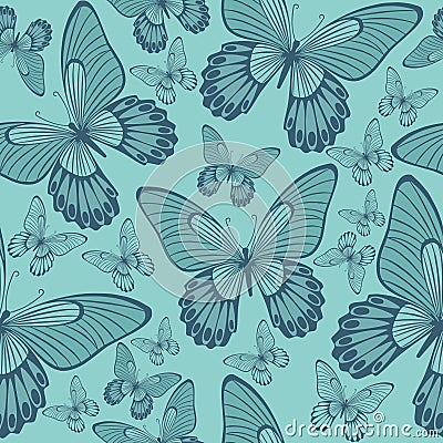 Butterflies in Coral and Turqoisel Green Backround seamless pattern Vector Illustration