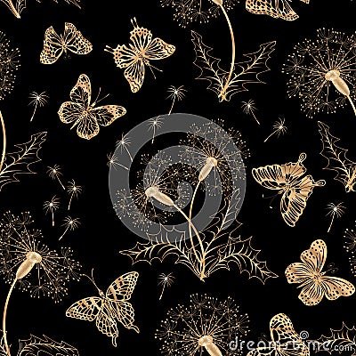 Butterflies and dandelions in the pattern. Vector Illustration