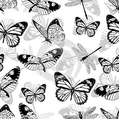 Butterflies and dragonflies seamless pattern, monochrome vector background, coloring book. Black and white various insects on a wh Vector Illustration
