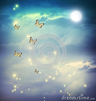 Butterflies in a fantasy moonligt landscape Stock Photo