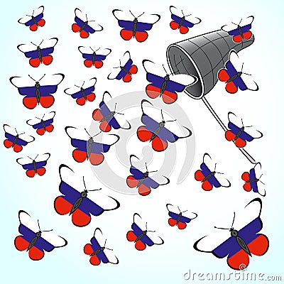 Butterflies with the flag of Russia and landing net Vector Illustration