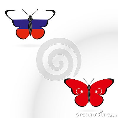 Butterflies with the flag of Russia and Turkey Vector Illustration
