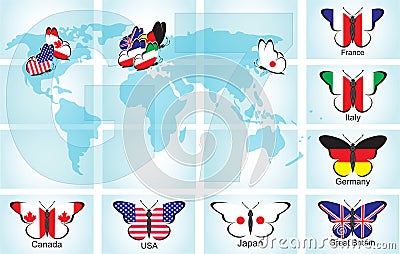 Butterflies with flags of countries Vector Illustration
