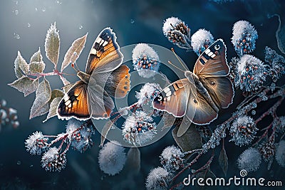 butterflies flitting between frosted blossoms in wintertime forest Stock Photo