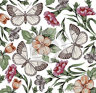 Butterflies. Flowers. Beautiful background. Vector Illustration