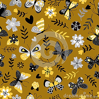 Butterflies and flowers flat vector seamless pattern Vector Illustration