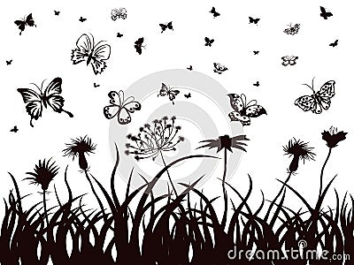 Butterflies, flowers and grass Vector Illustration