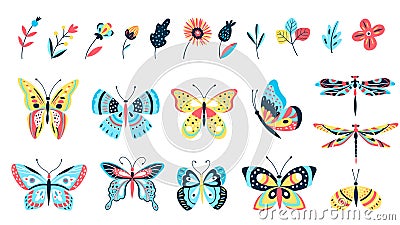Butterflies and flowers. Isolated branch, flower and butterfly. Dragonfly, flying insects and natural elements. Summer Vector Illustration