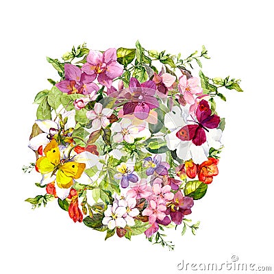 Butterflies, flowers, meadow grass. Round floral background. Watercolour Stock Photo