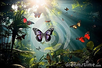 Butterflies flutter in the sun in the tropical forest. Concept biodiversity in nature Stock Photo