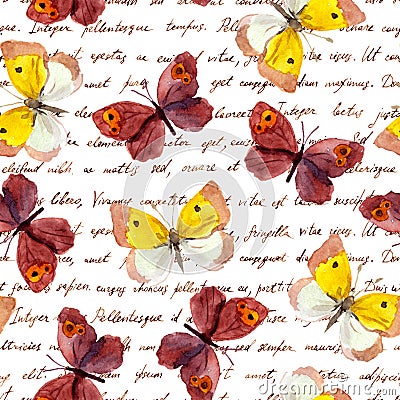 Butterflies at hand writing text letter. Seamless pattern. Water color and ink. Stock Photo