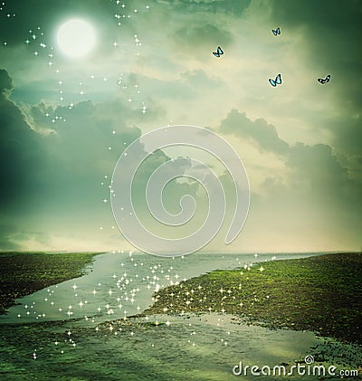 Butterflies and moon in fantasy landscape Stock Photo