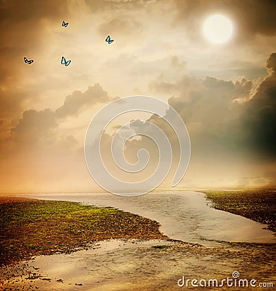 Butterflies and moon in fantasy landscape Stock Photo