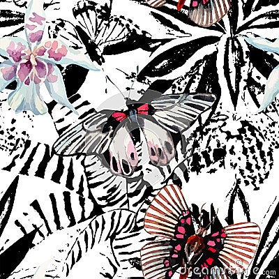 butterflies and orchid watercolor exotic pattern, graphic background Vector Illustration