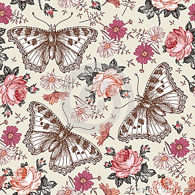 Butterflies seamless pattern insect Roses Chamomile Beautiful floral Flowers realistic Engraving drawing Vector Illustration moths Vector Illustration